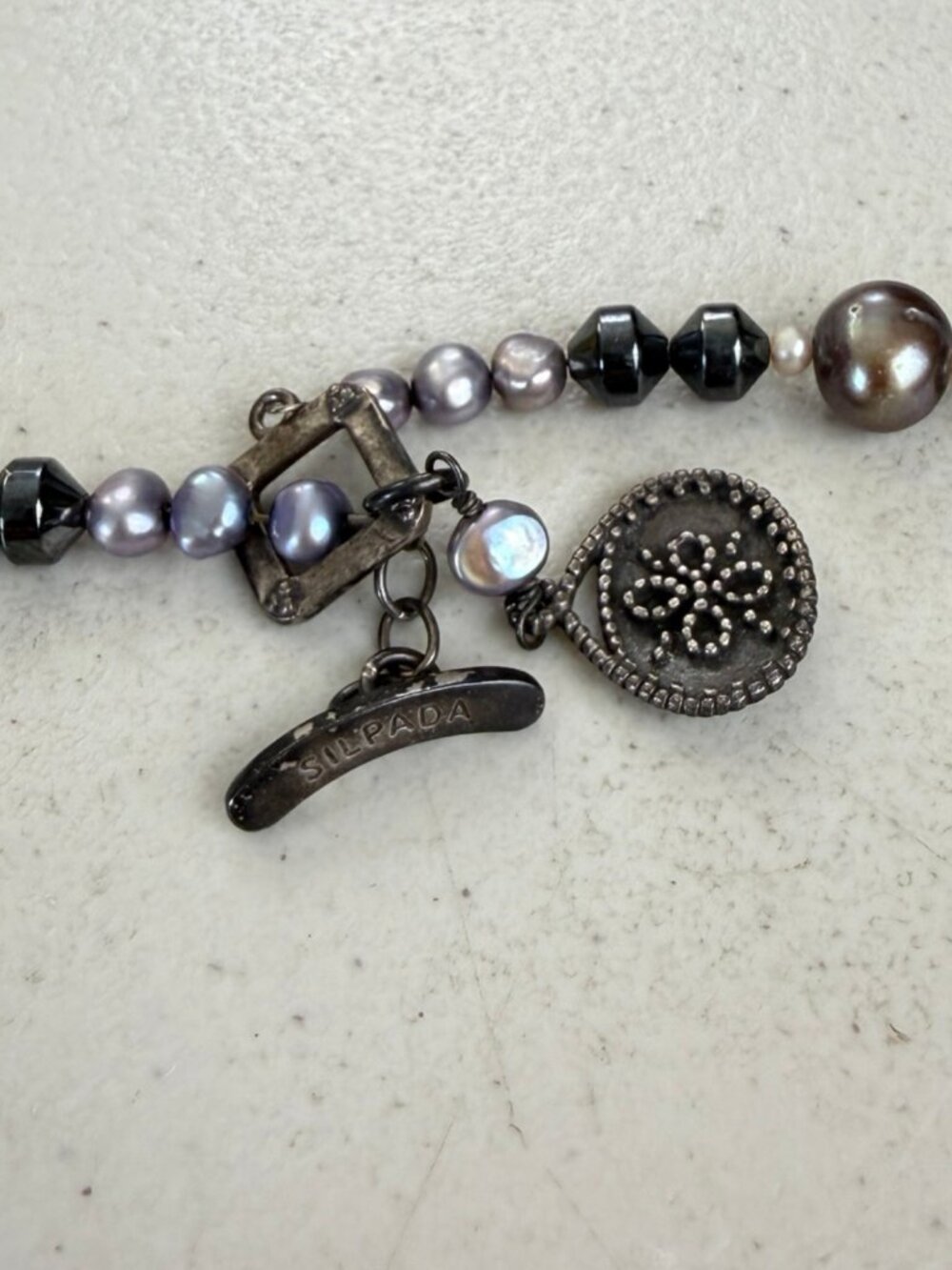 SILPADA N1784 VINTAGE STERLING 925 FRESHWATER PEARL HEMATITE TOGGLE NECKLACE - Picture 5 of 7